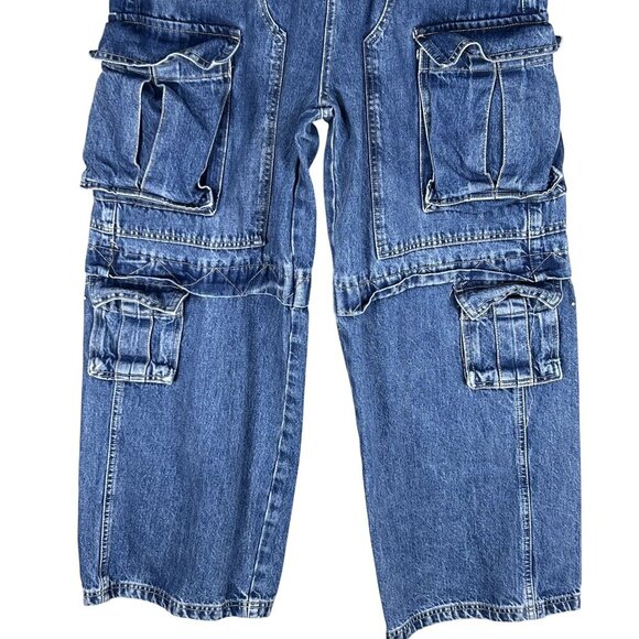 Zara Womens 6 Baggy Hi Rise Wide Leg Utility Multi Pocket Cargo Blue Denim - Picture 6 of 16